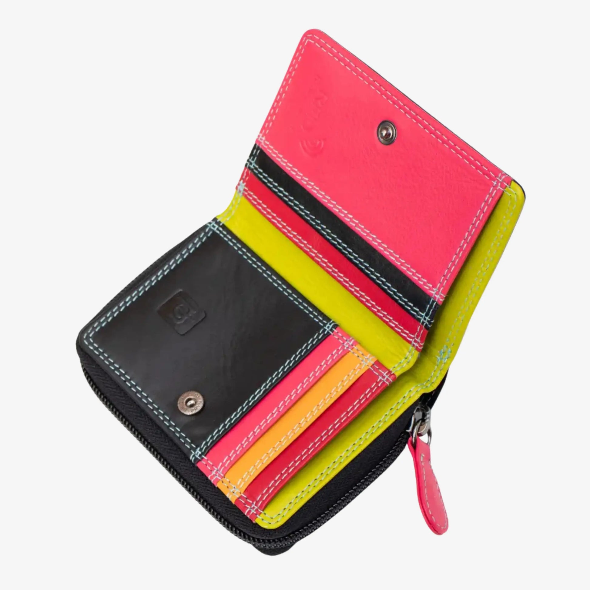 Black wallet with pink, yellow, and black sections on a white background