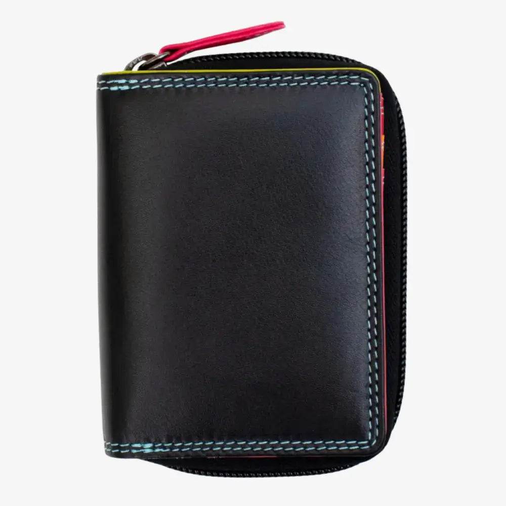 A black leather zip-around wallet with colorful stitching accents (light blue, yellow, and red) and a bright pink zipper pull, shown on a plain white background.