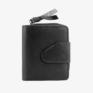 Black leather wallet with a zipper on a white background