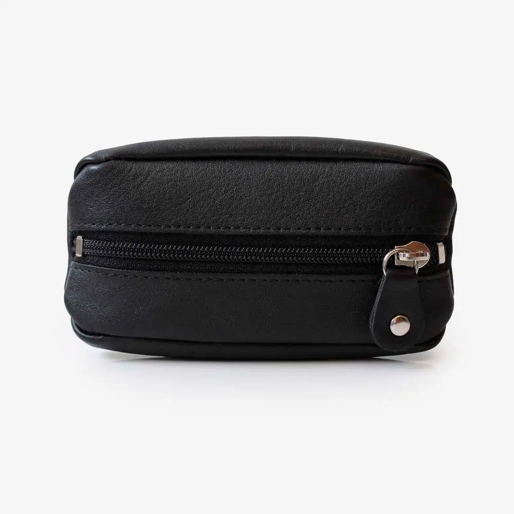 Front view of Black Small Leather Zipper Keyring Pouch