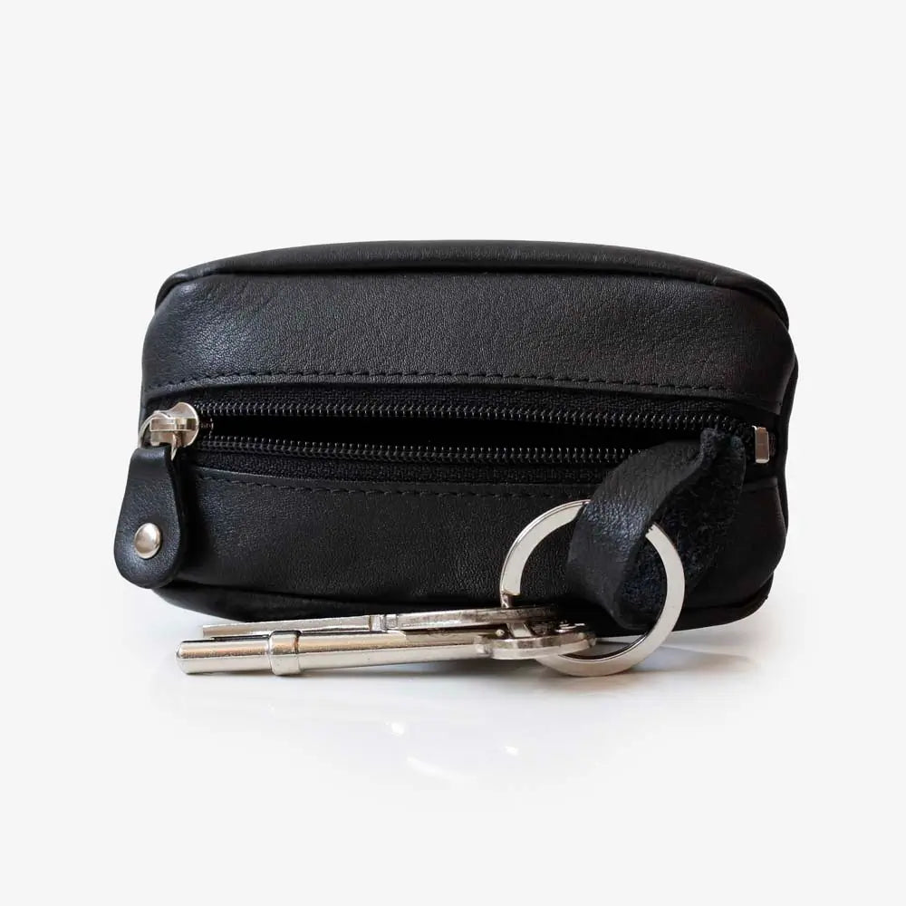  Black Small Leather Zipper Keyring Pouch on grey background