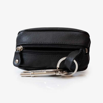  Black Small Leather Zipper Keyring Pouch on grey background
