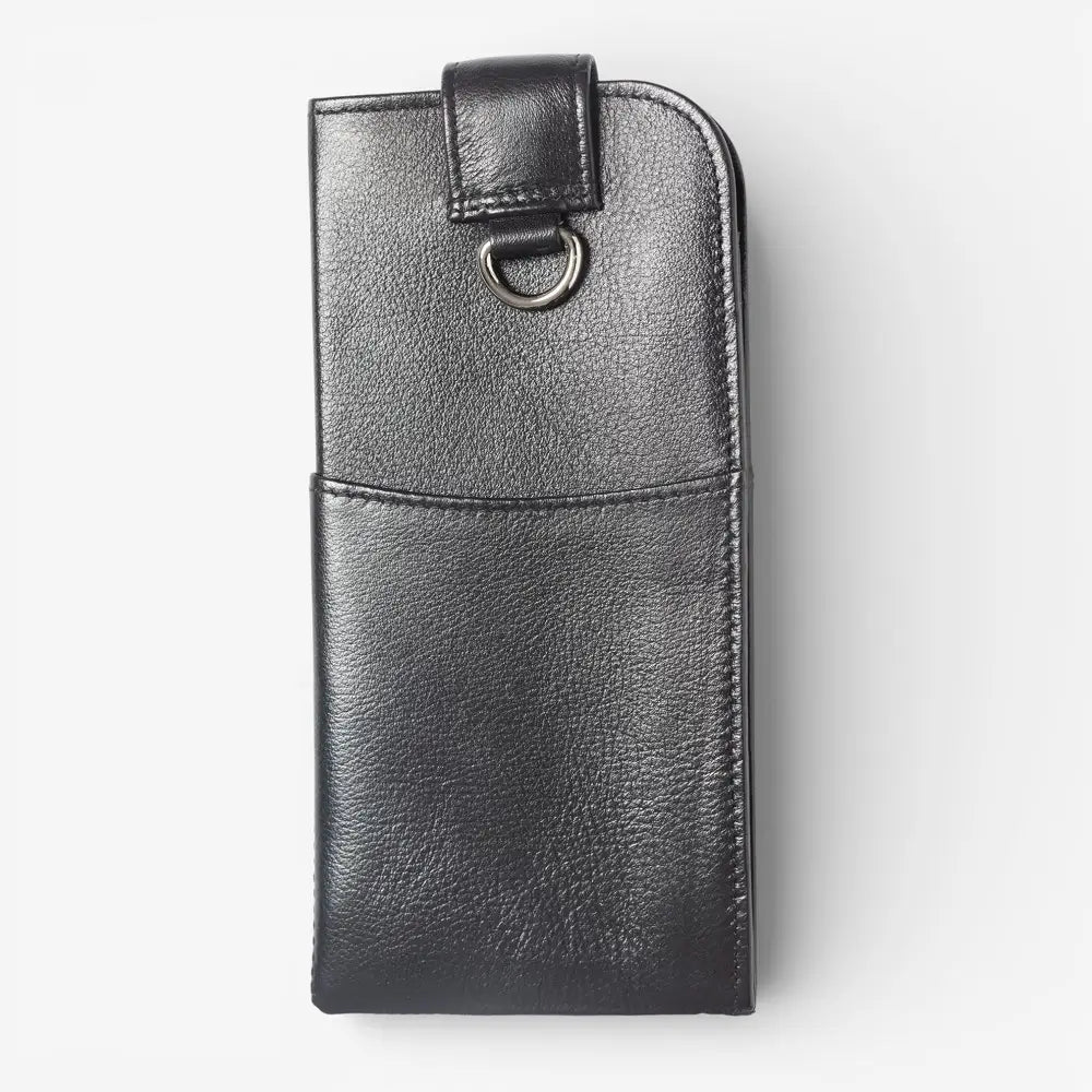 Black leather glasses pouch with a strap on a white background