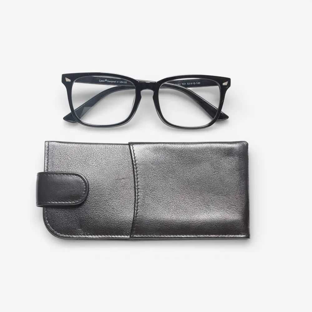 Black eyeglasses with a black case on a white background