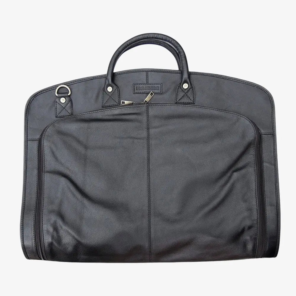 Black suit garment bag with a handle on a white background