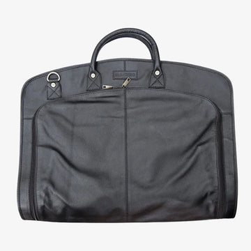 Black suit garment bag with a handle on a white background
