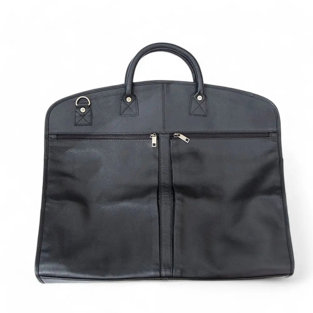 Black suit garment bag with handles on a white background