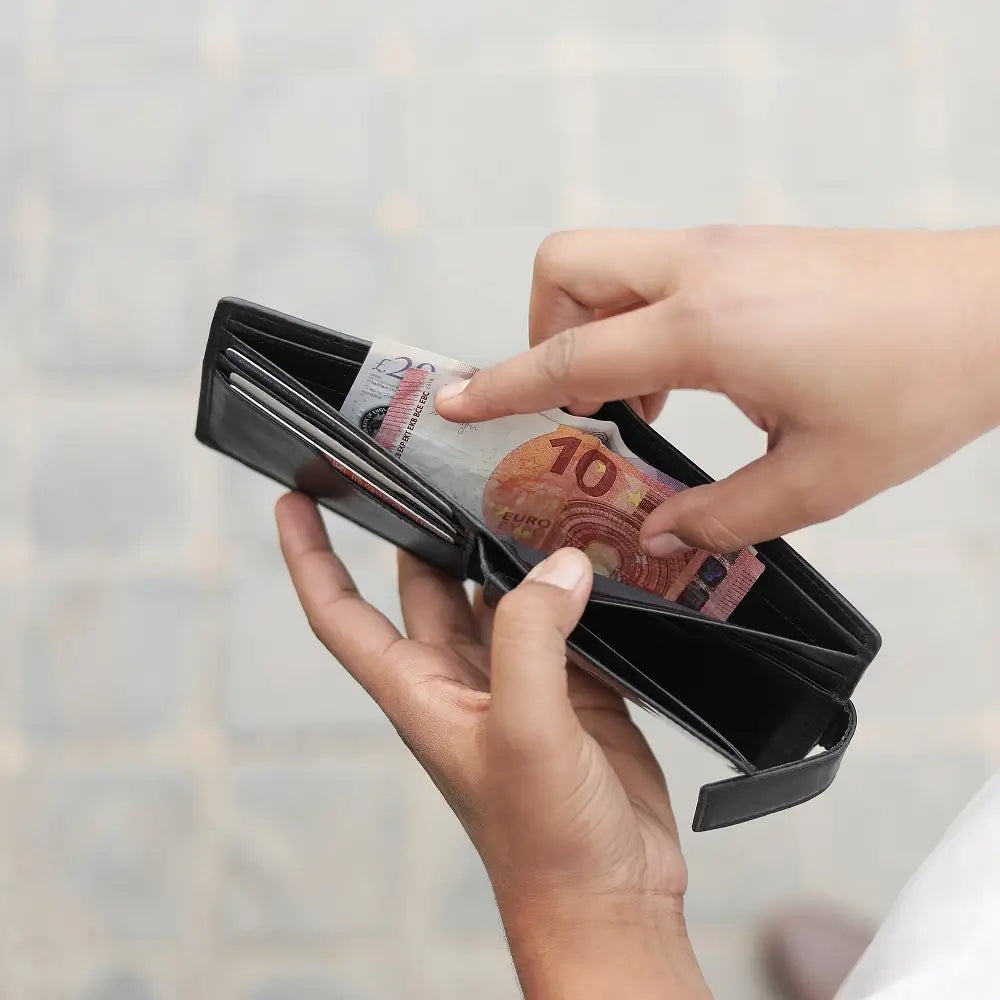Person holding a black wallet with Euro banknotes against a blurred background