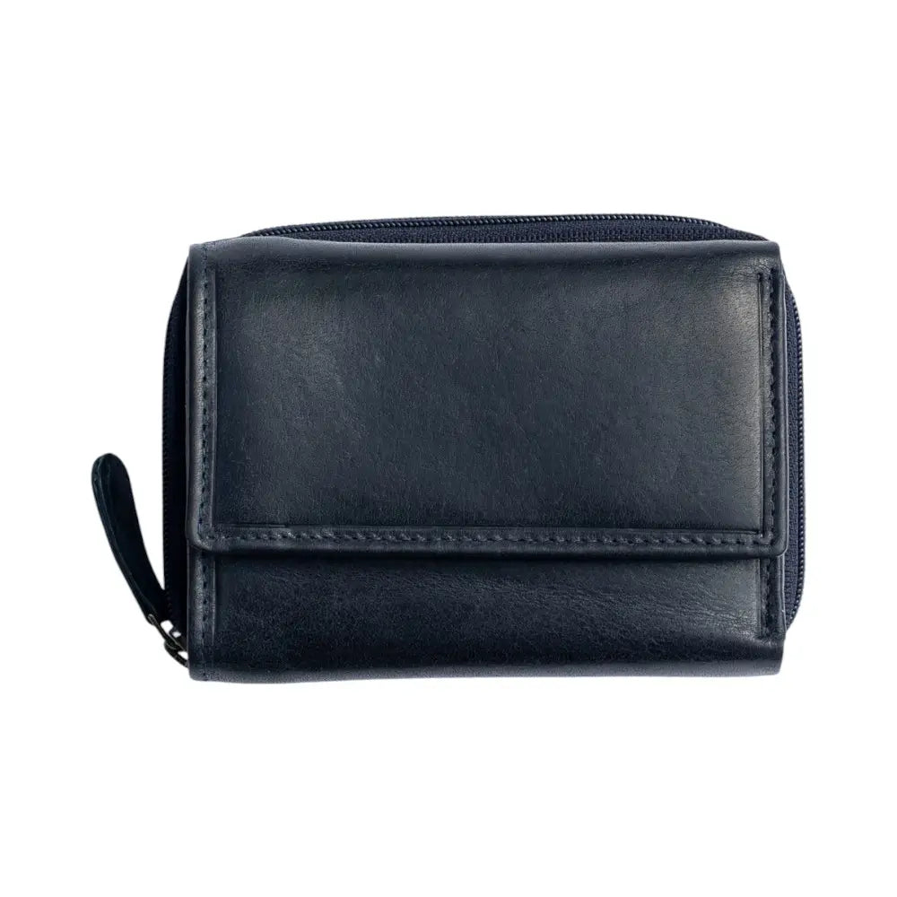 Black leather wallet with a strap on a white background