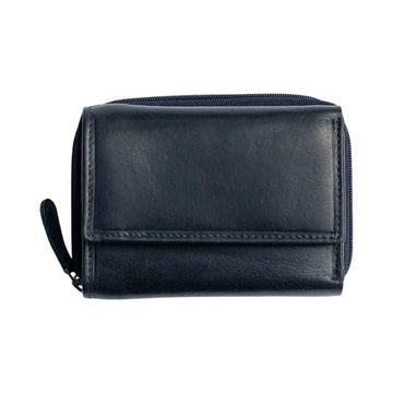 Black leather wallet with a strap on a white background