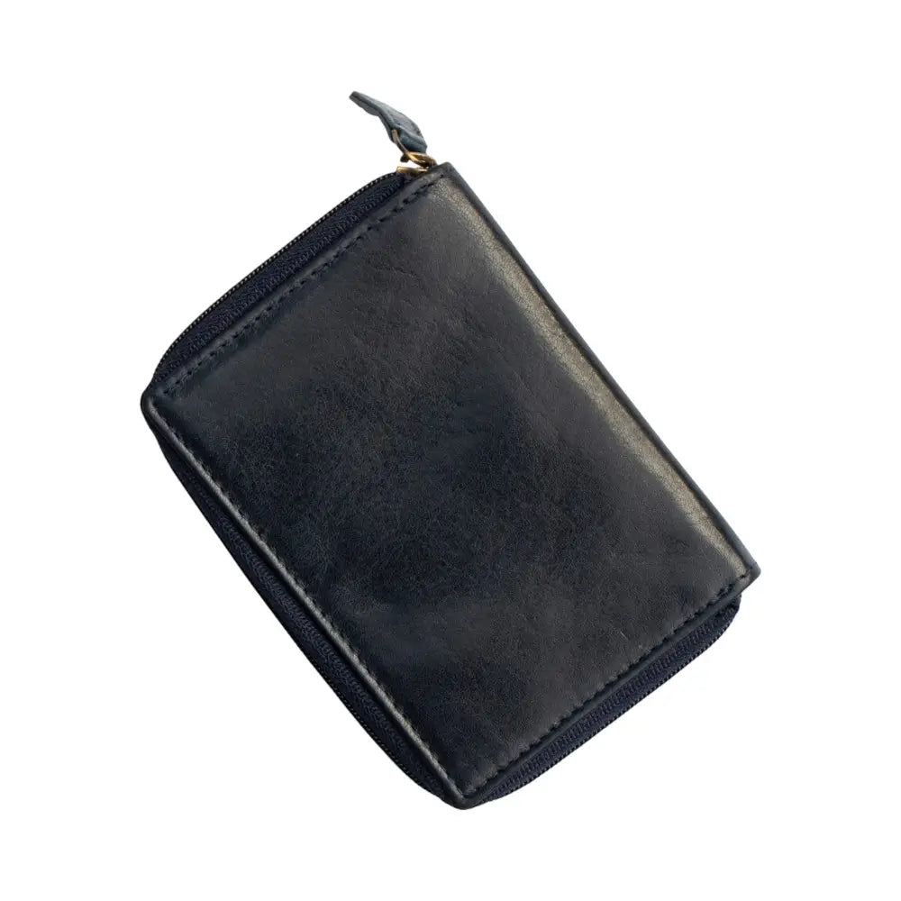 Black leather wallet with a strap on a white background