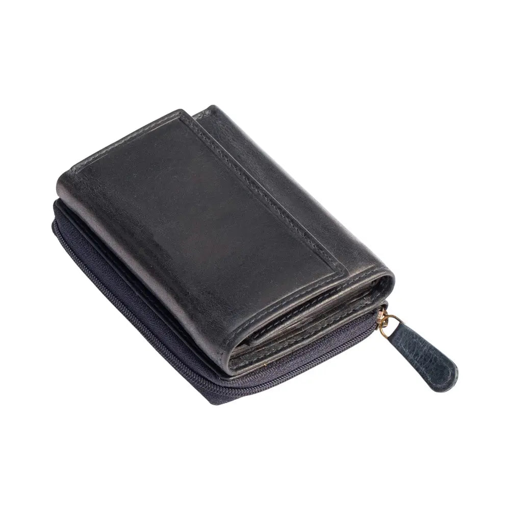 Black leather wallet with a zipper on a white background