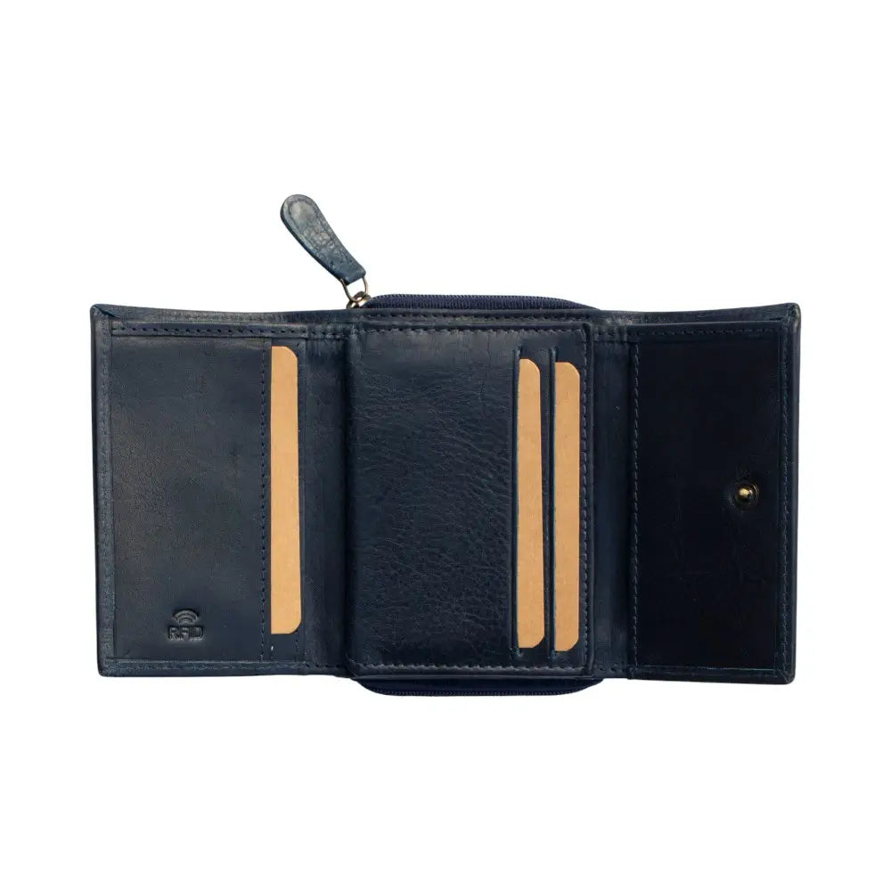 Black leather wallet with beige interior on a white background