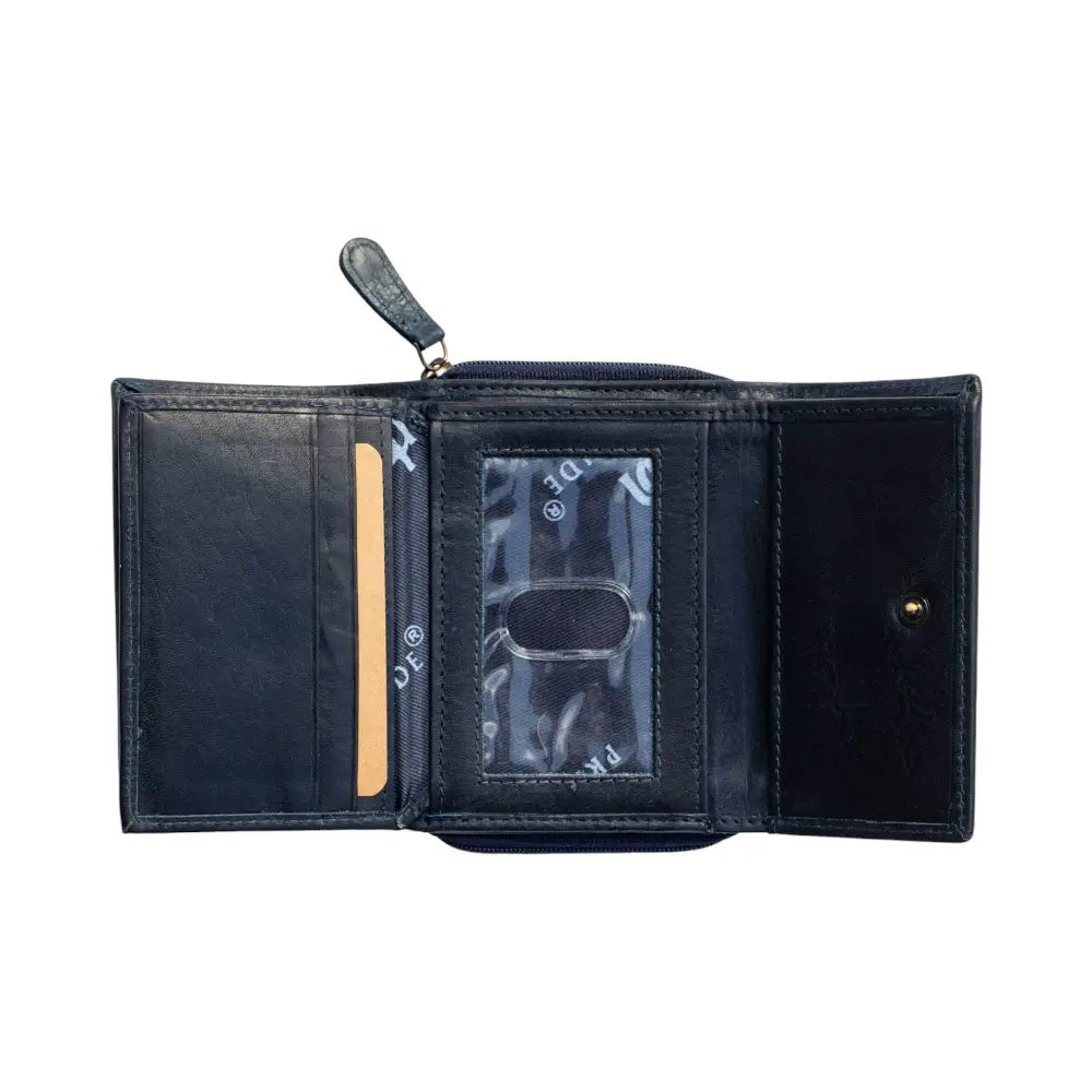 Black leather wallet with open design on a white background