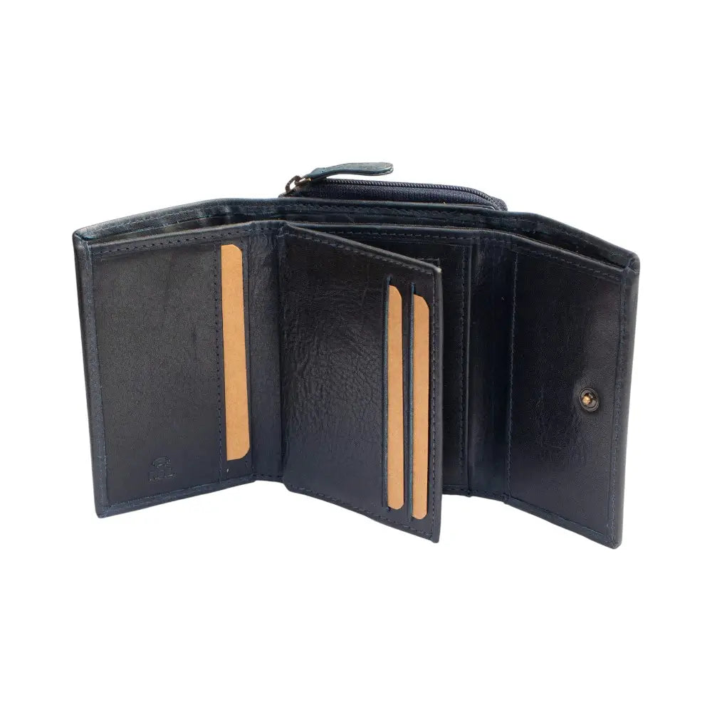 Black leather wallet with gold accents on a white background