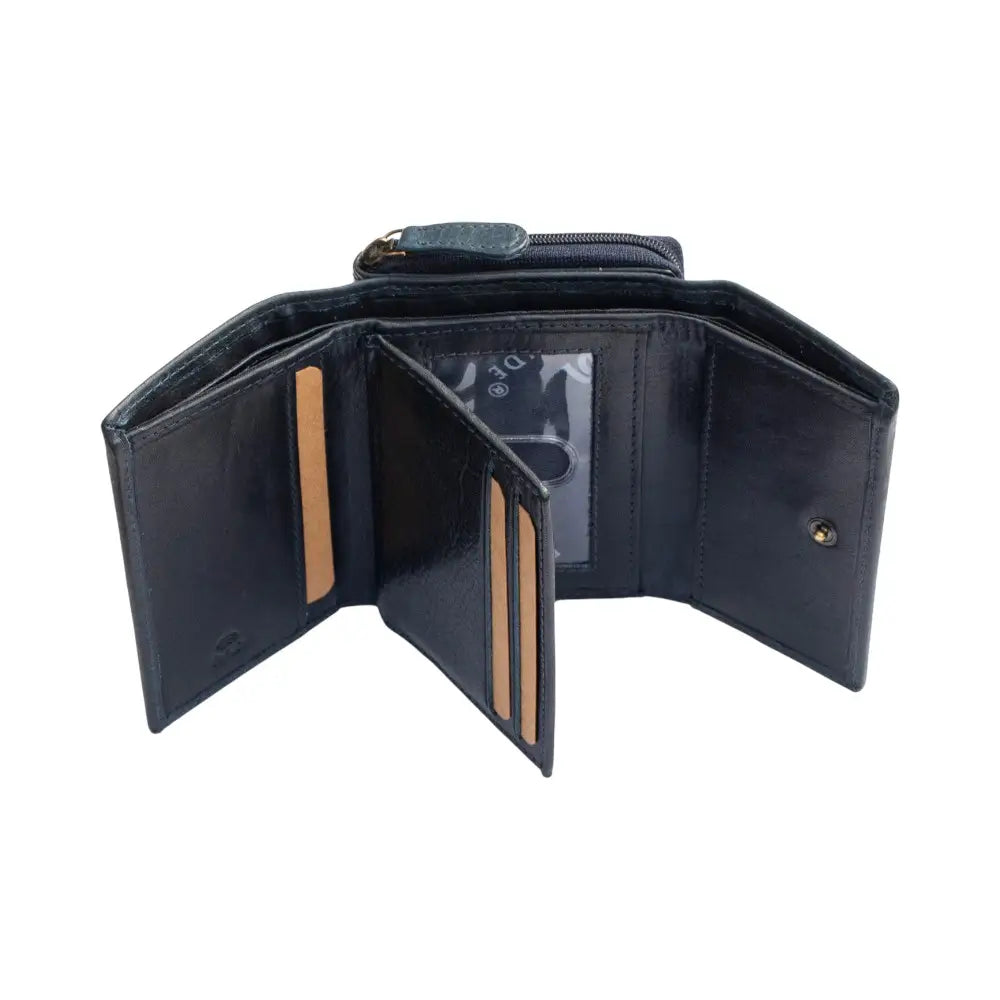 Black leather wallet open on a white background