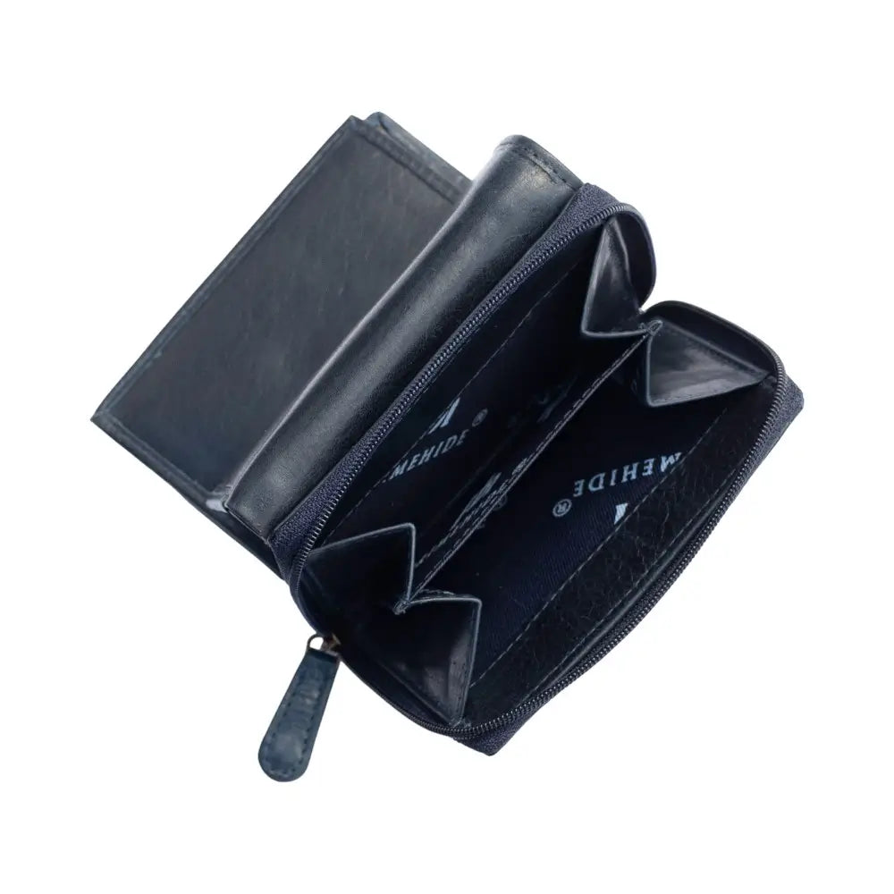 Black leather wallet with a visible brand name on a white background