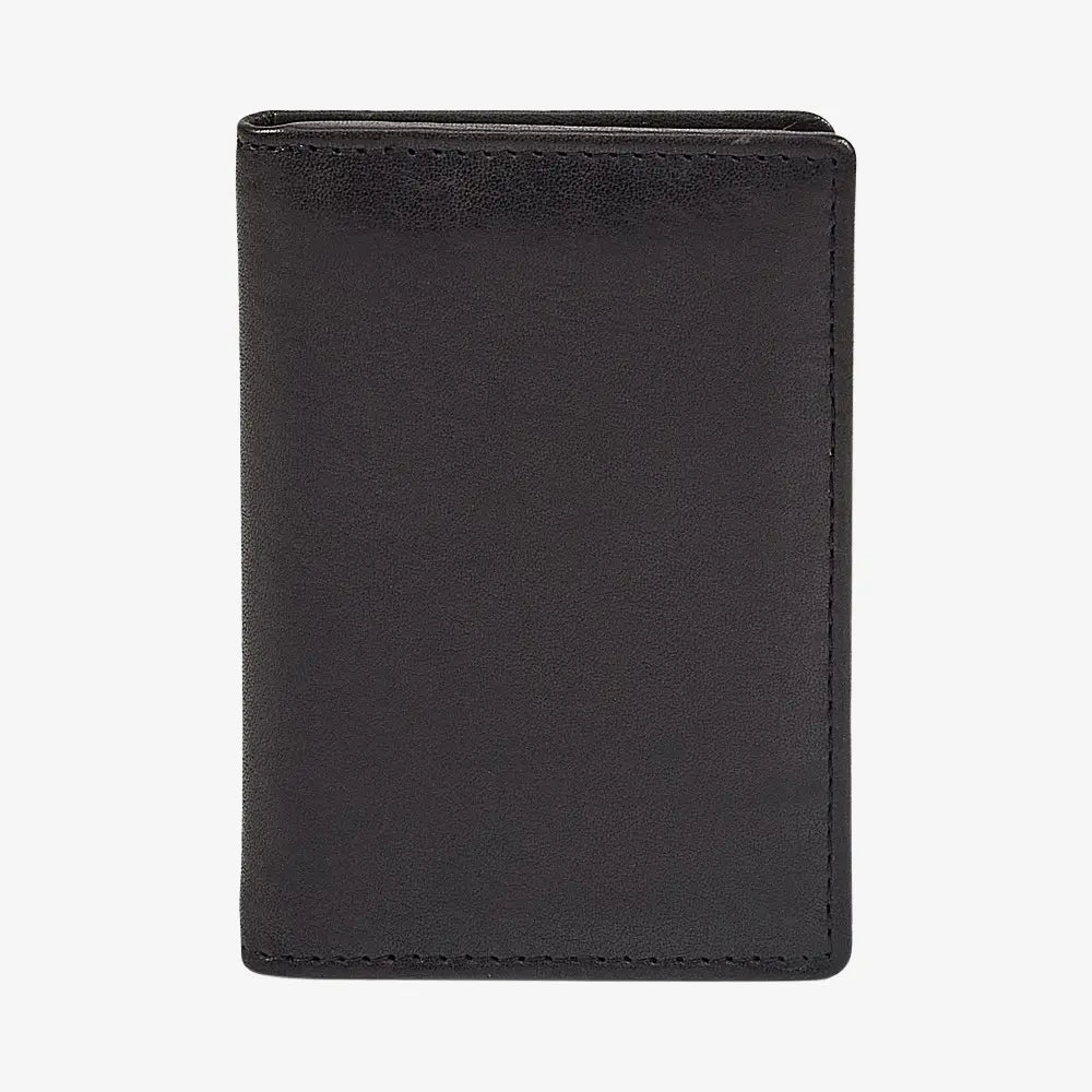 Front view of Black leather wallet on a white background