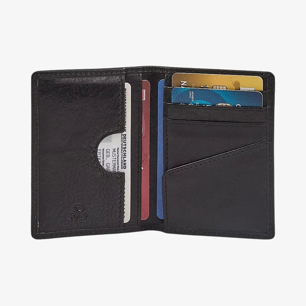 Black leather card holder with card slots on a white background