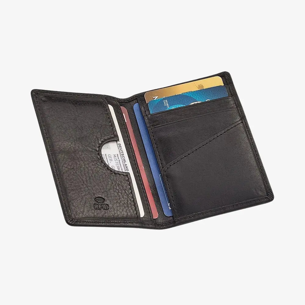 Black leather card holder with card slots on a white background