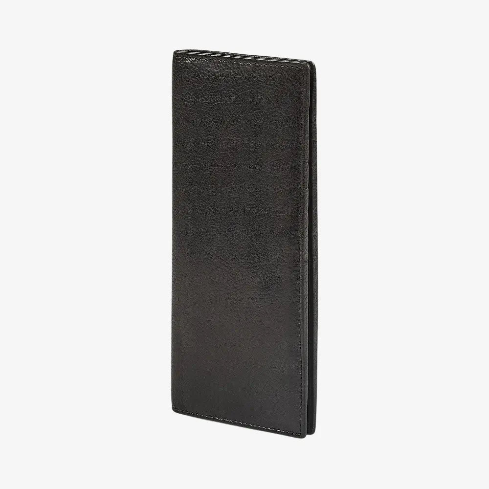 Side angle view of Black leather wallet on a white background