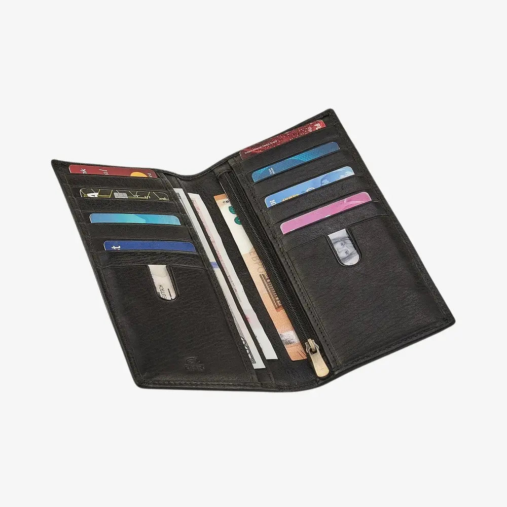 Black wallet with multiple card slots and a pen on a white background