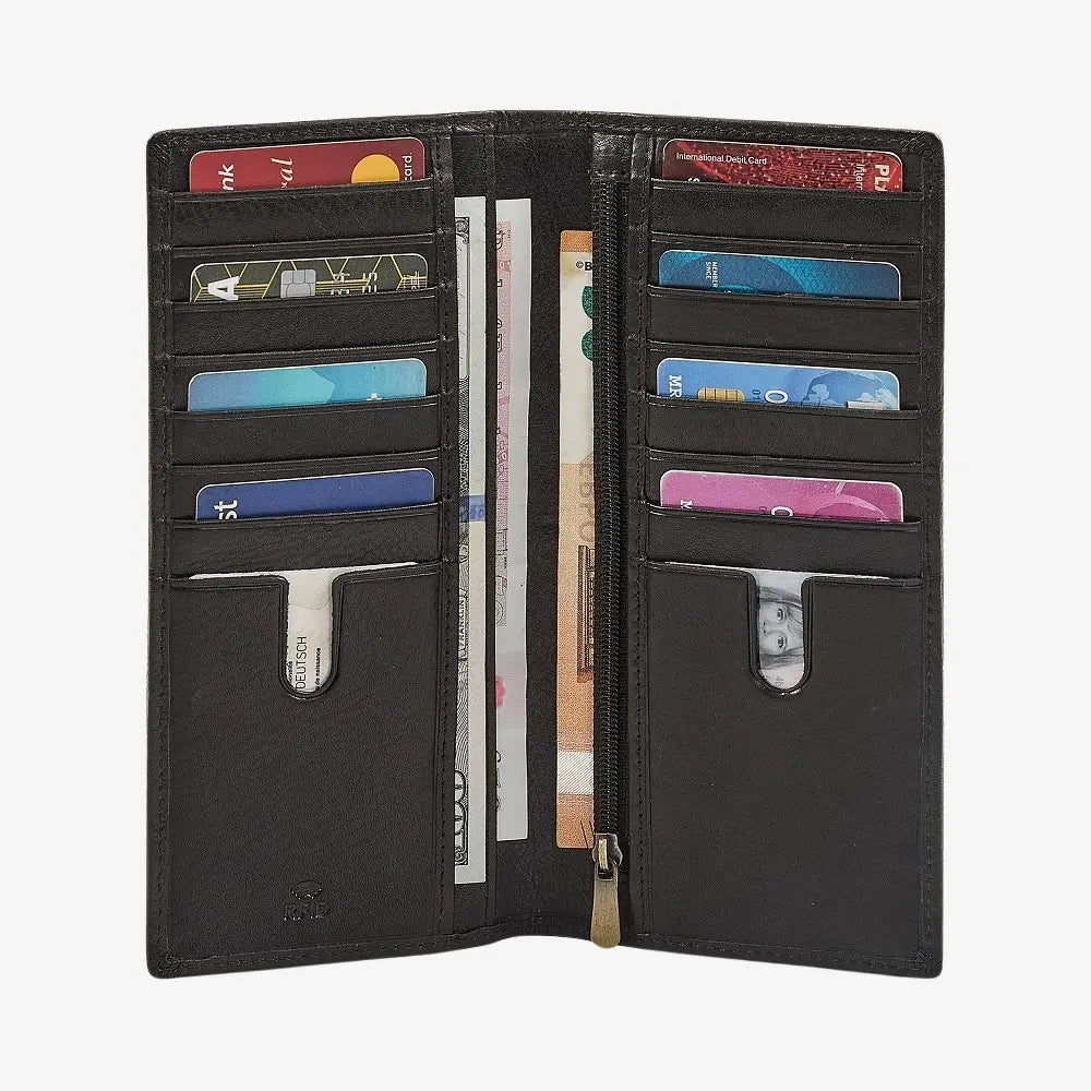 Black wallet with card slots and bill compartment on a white background