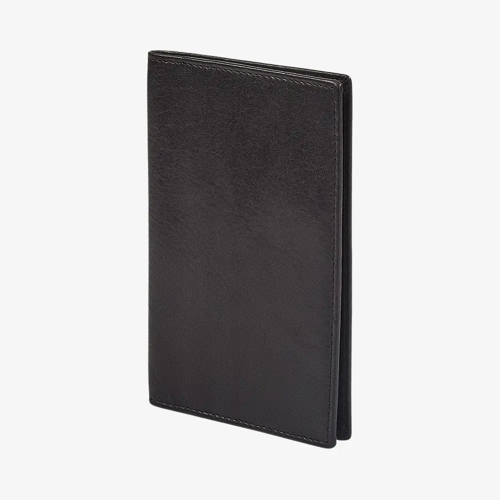 Side view of Black leather passport holder on a white background