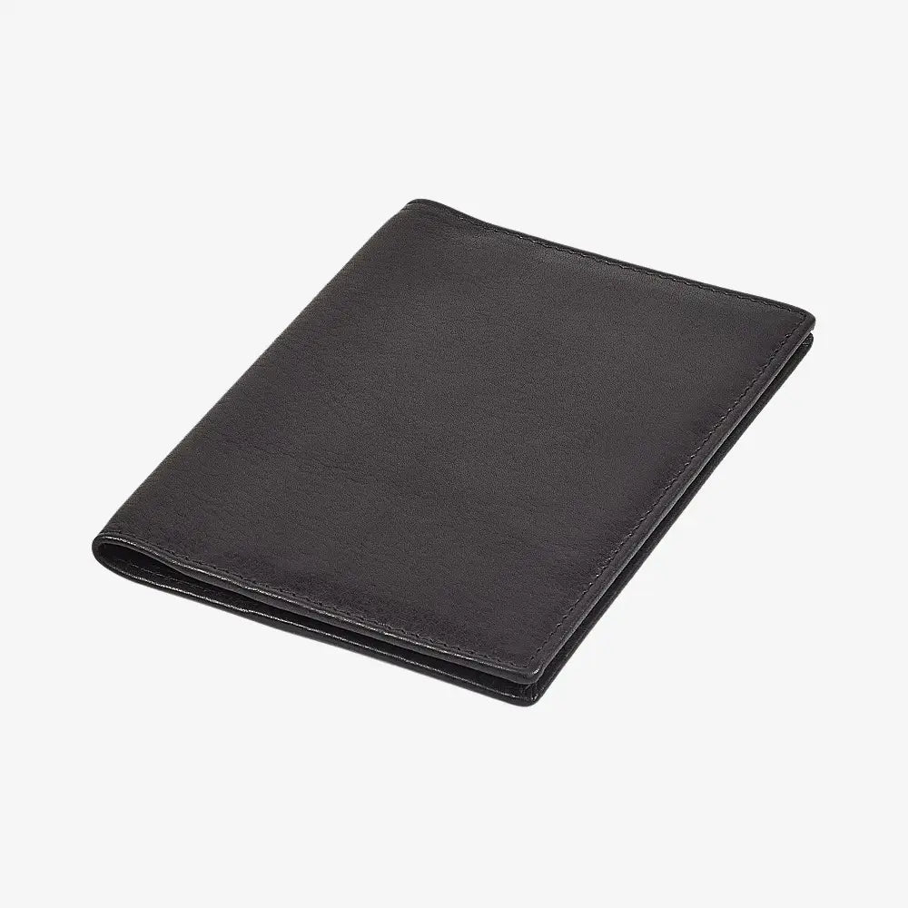 Top view of Black leather passport holder on a white background