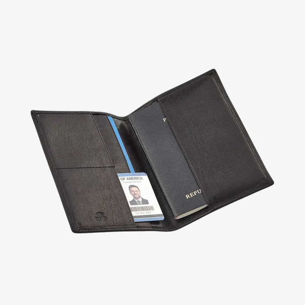 Black leather passport holder with a card holder on a white background