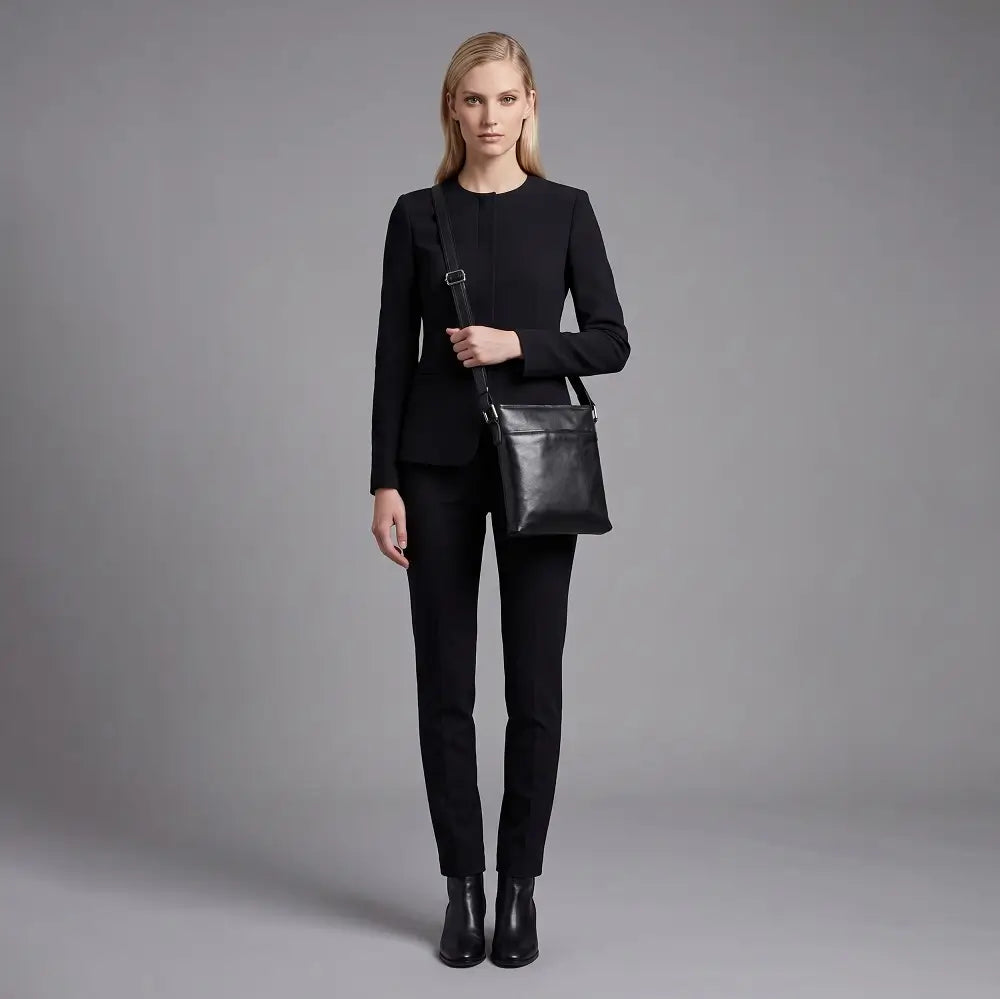 Woman in a black outfit holding a black handbag against a gray background