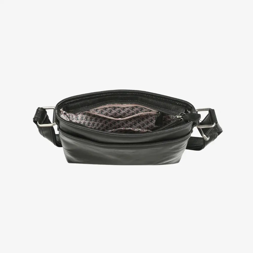 Black leather bag with a textured interior on a white background