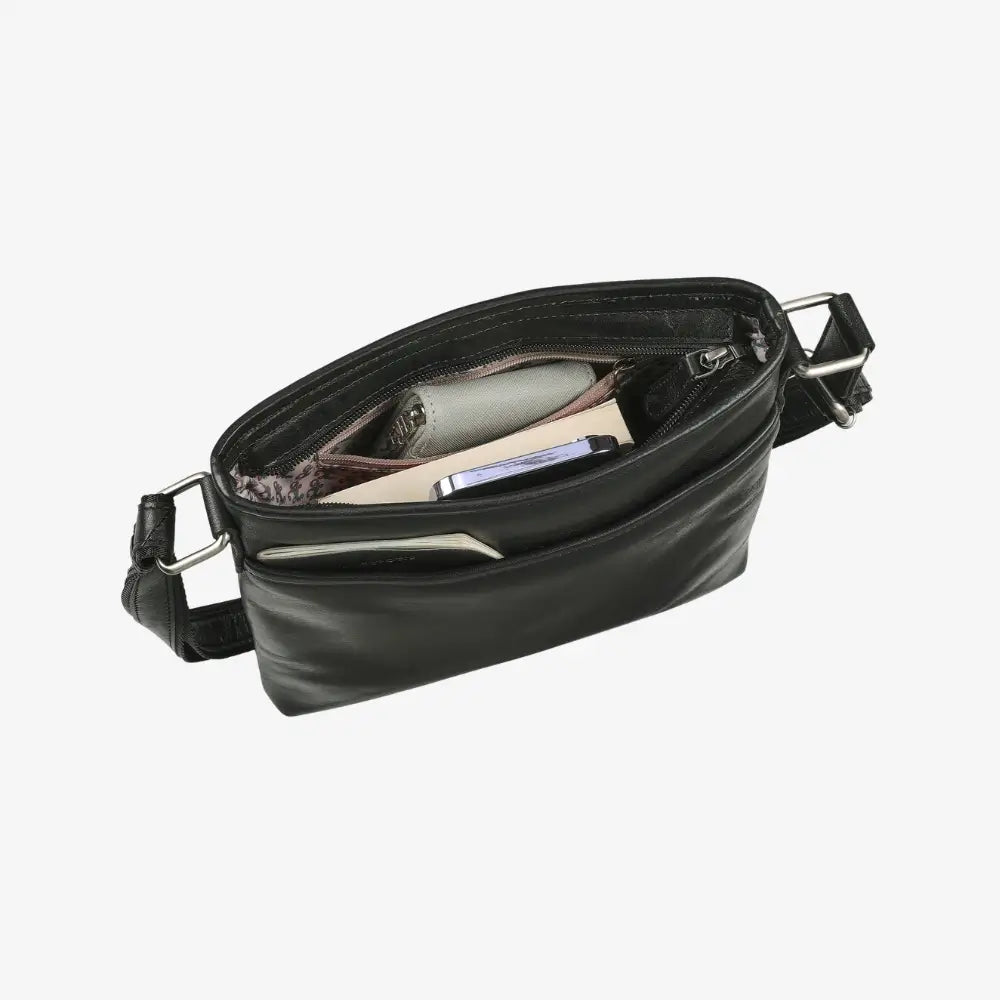 Women's black real leather crossbody bag with adjustable strap  