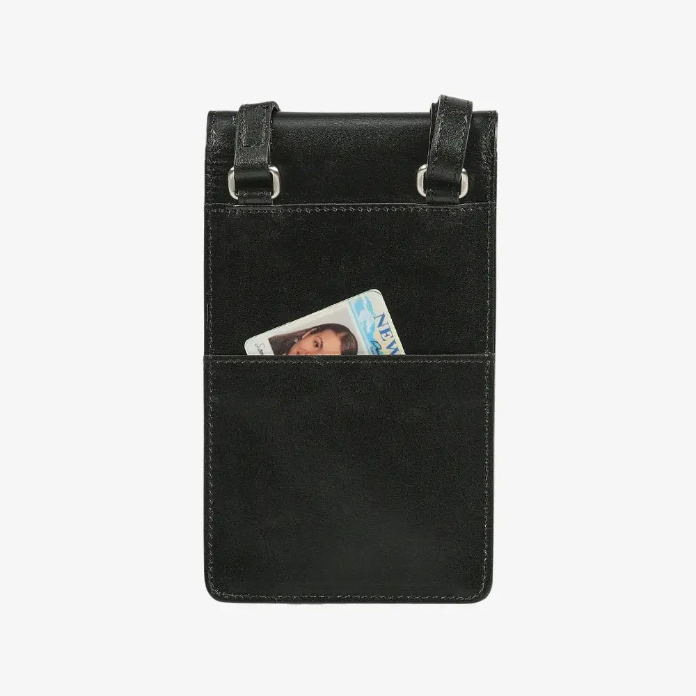 Women's black real leather phone bag with rear slip pocket