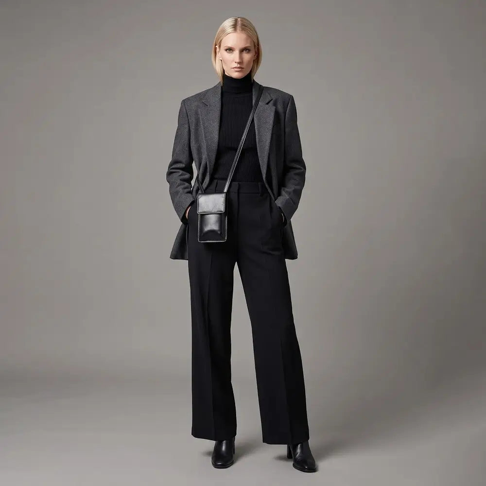 Person wearing a gray blazer and black pants with a black handbag on a gray background