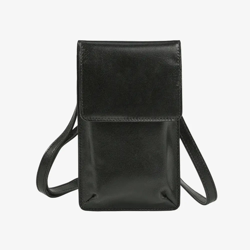 Velura real leather phone bag in black with crossbody strap