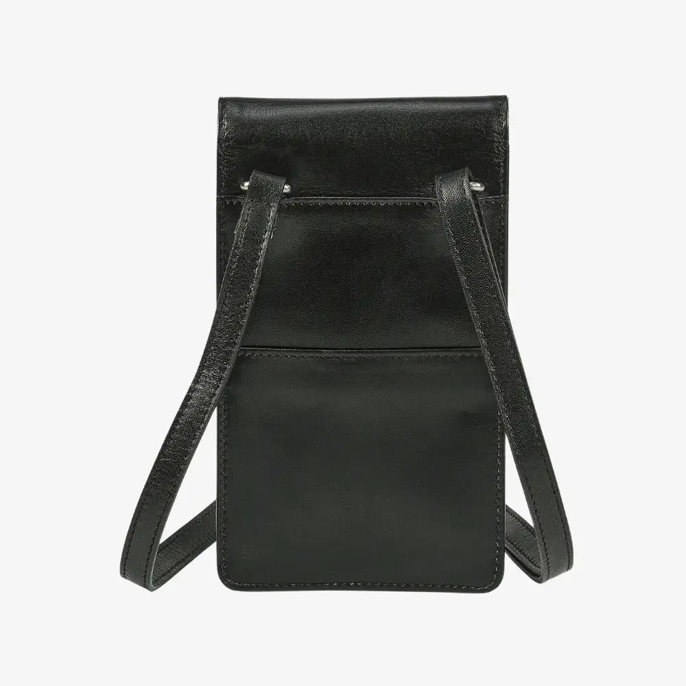 Compact black leather phone bag with adjustable shoulder strap