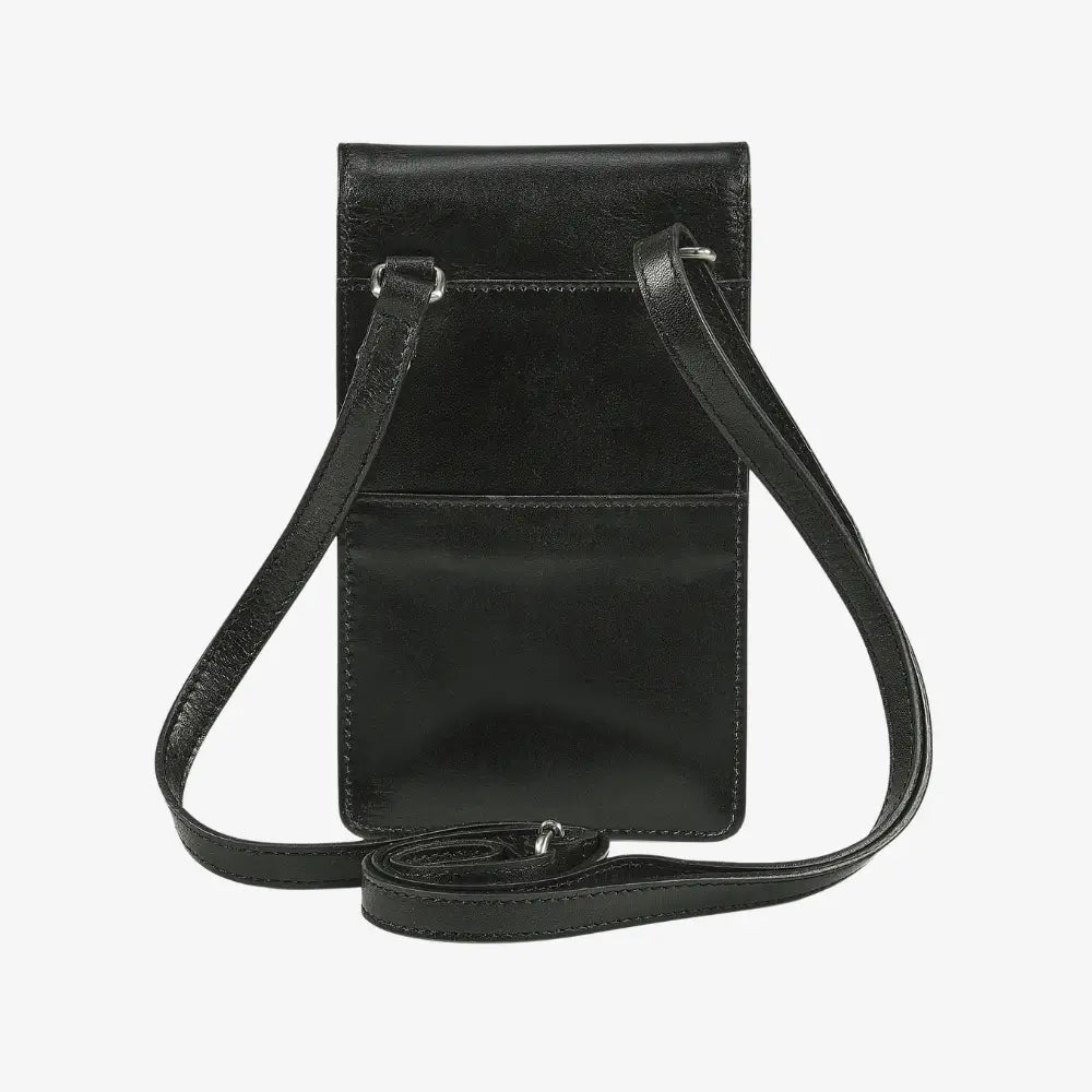 Compact black leather phone bag with adjustable shoulder strap