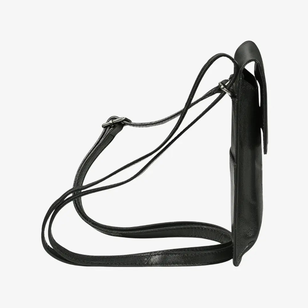 Compact black leather phone bag with adjustable shoulder strap