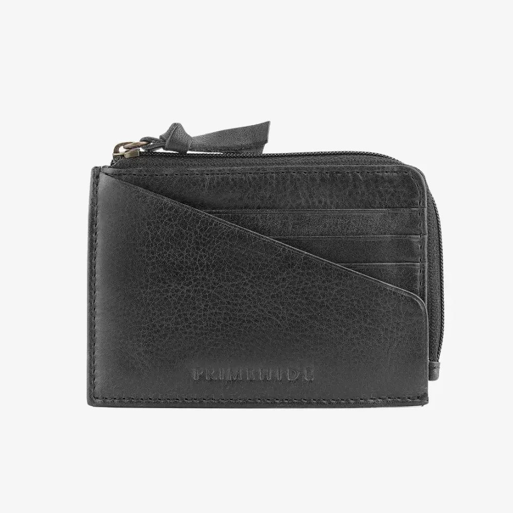 Black leather wallet with a zipper on a white background
