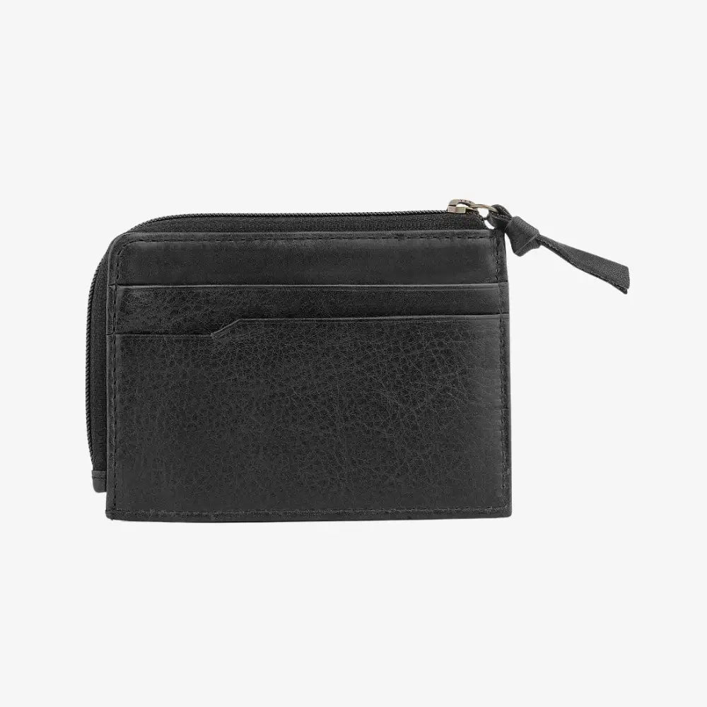 Black leather wallet with a zipper on a white background