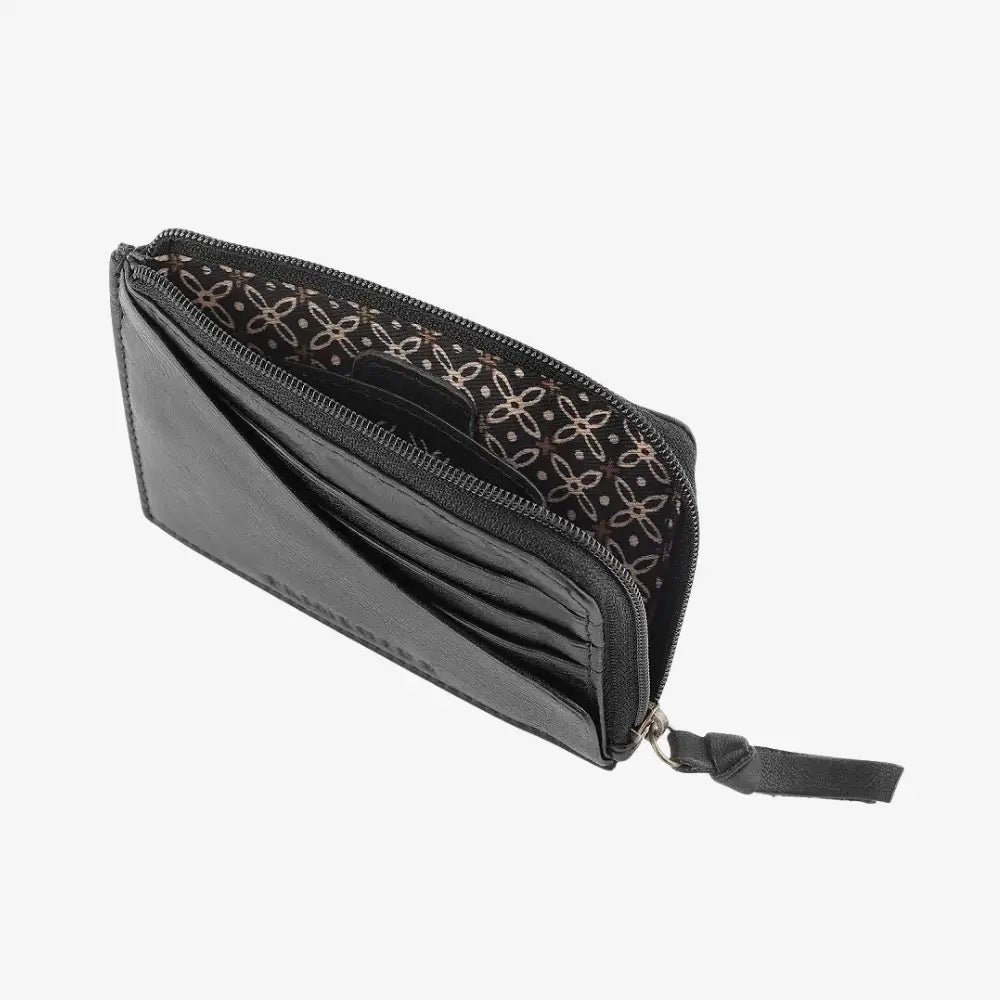 Black zippered pouch with decorative pattern on a white background