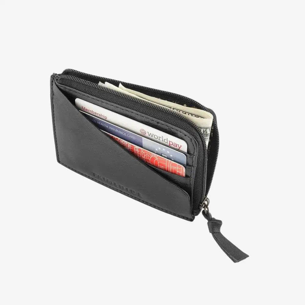 Black wallet with cards inside on a white background