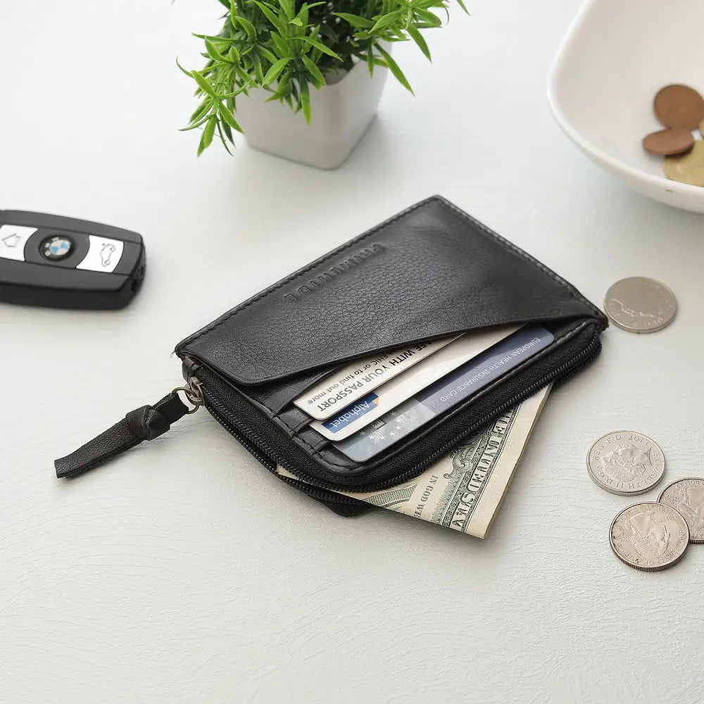 Black wallet with cards and money on a white surface with coins and a plant.