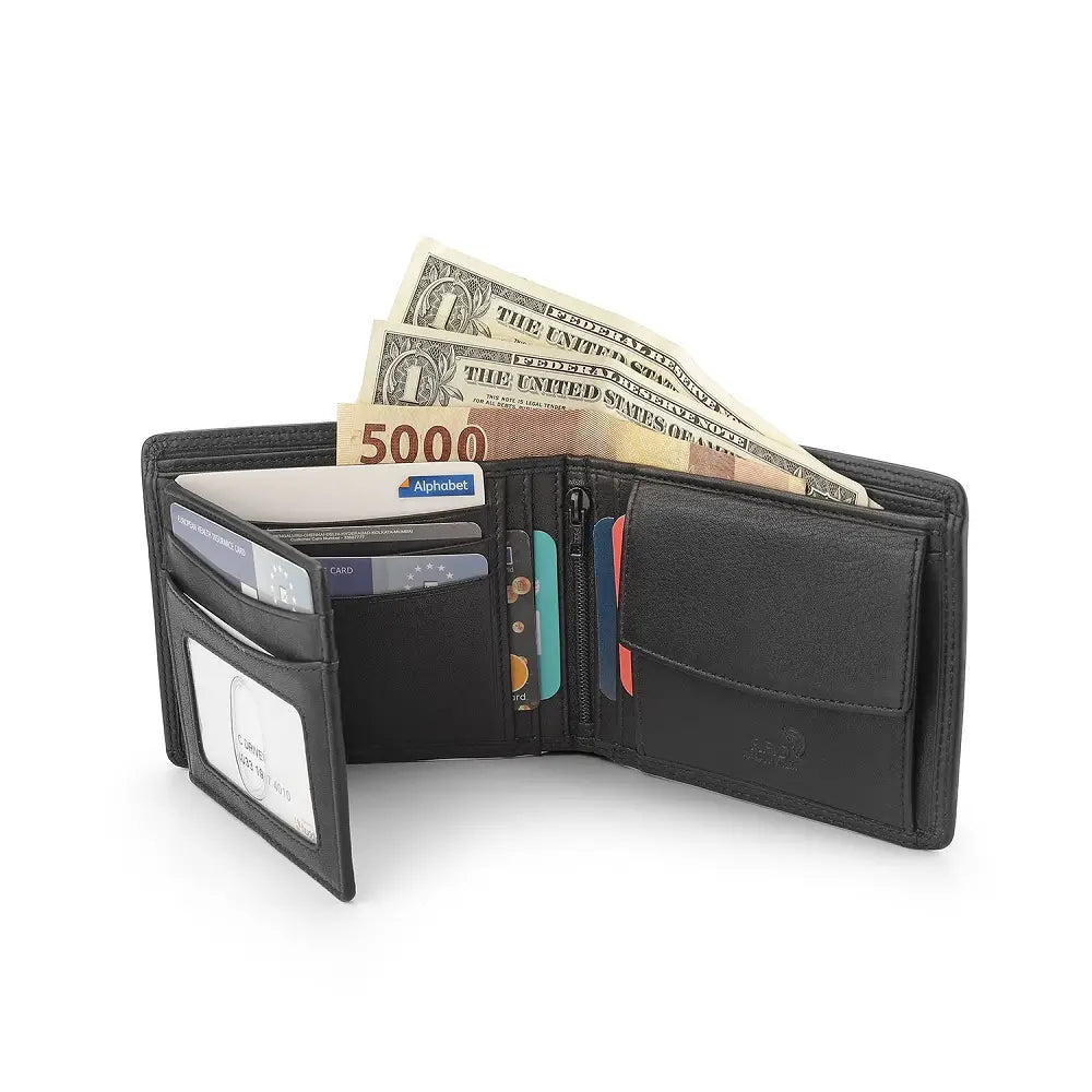 Open view of Black Washington Bifold Leather Wallet showing multiple card compartments