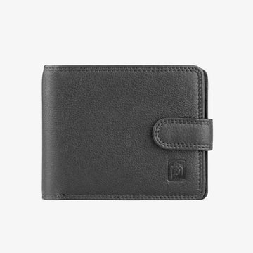 Black leather wallet with a brand logo on a white background