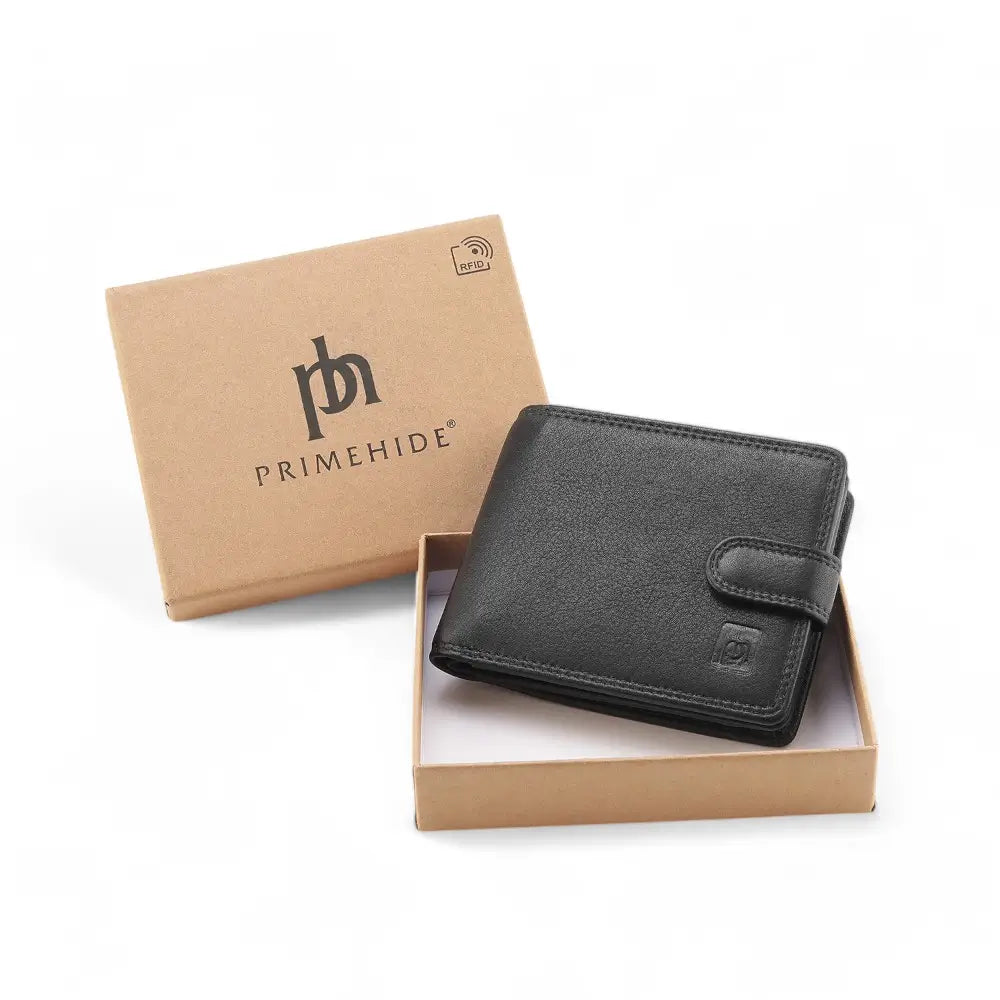 Black leather wallet in a cardboard box with Primehide branding on a white background