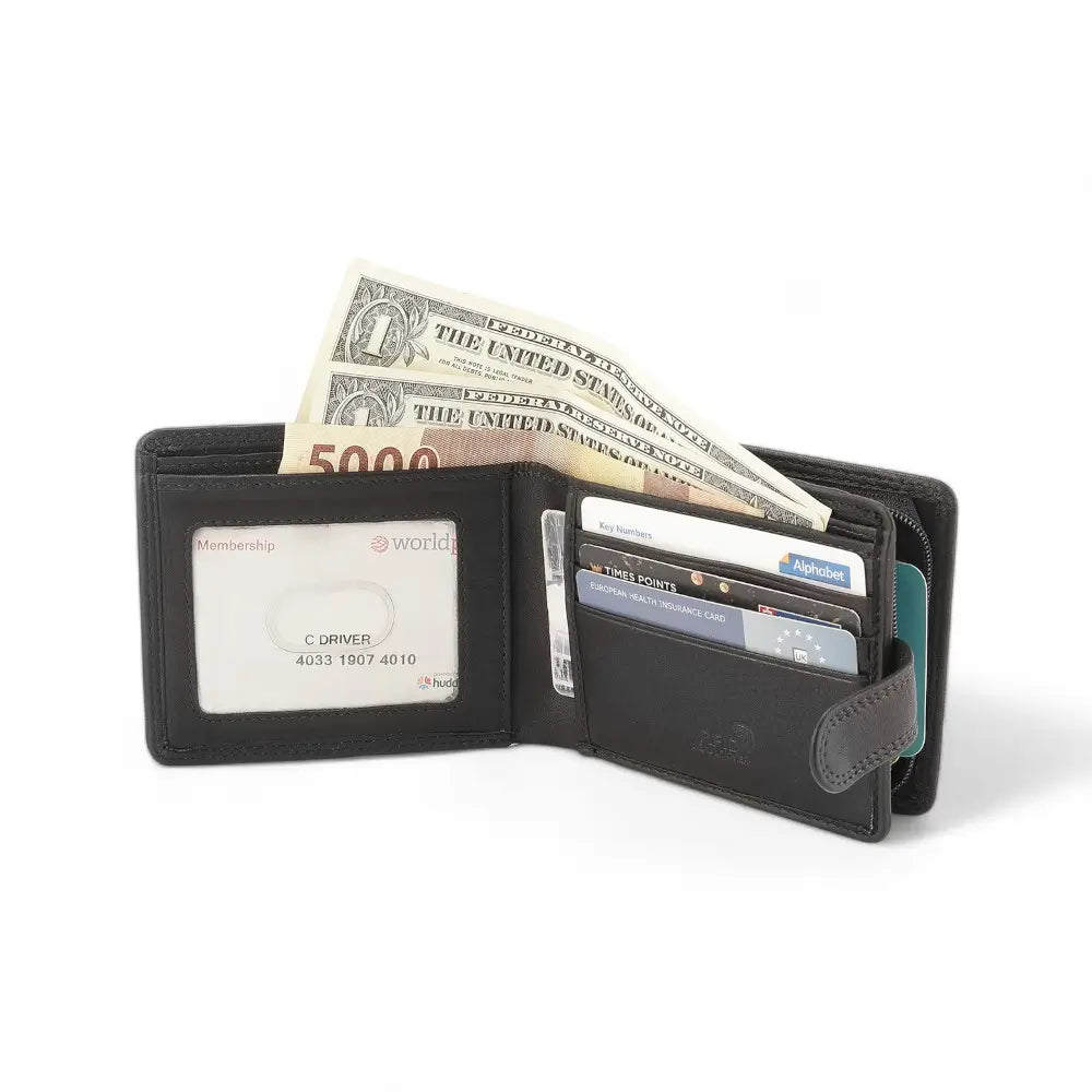 Black wallet with money and cards on a white background