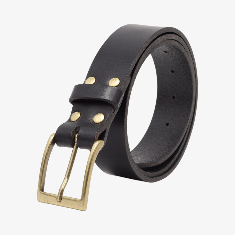 Black leather belt with a gold buckle on a white background