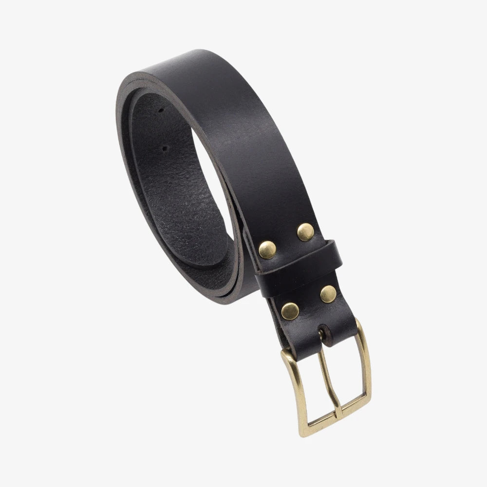 Black leather belt with gold buckle on a white background